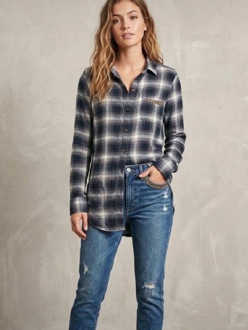 Hollister Co. Plaid Flannel Long Sleeve Shirt Beaded Pocket Size Small
